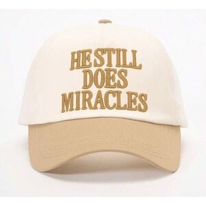 Embroidered He Still Does Miracles Beige Trucker Hat
